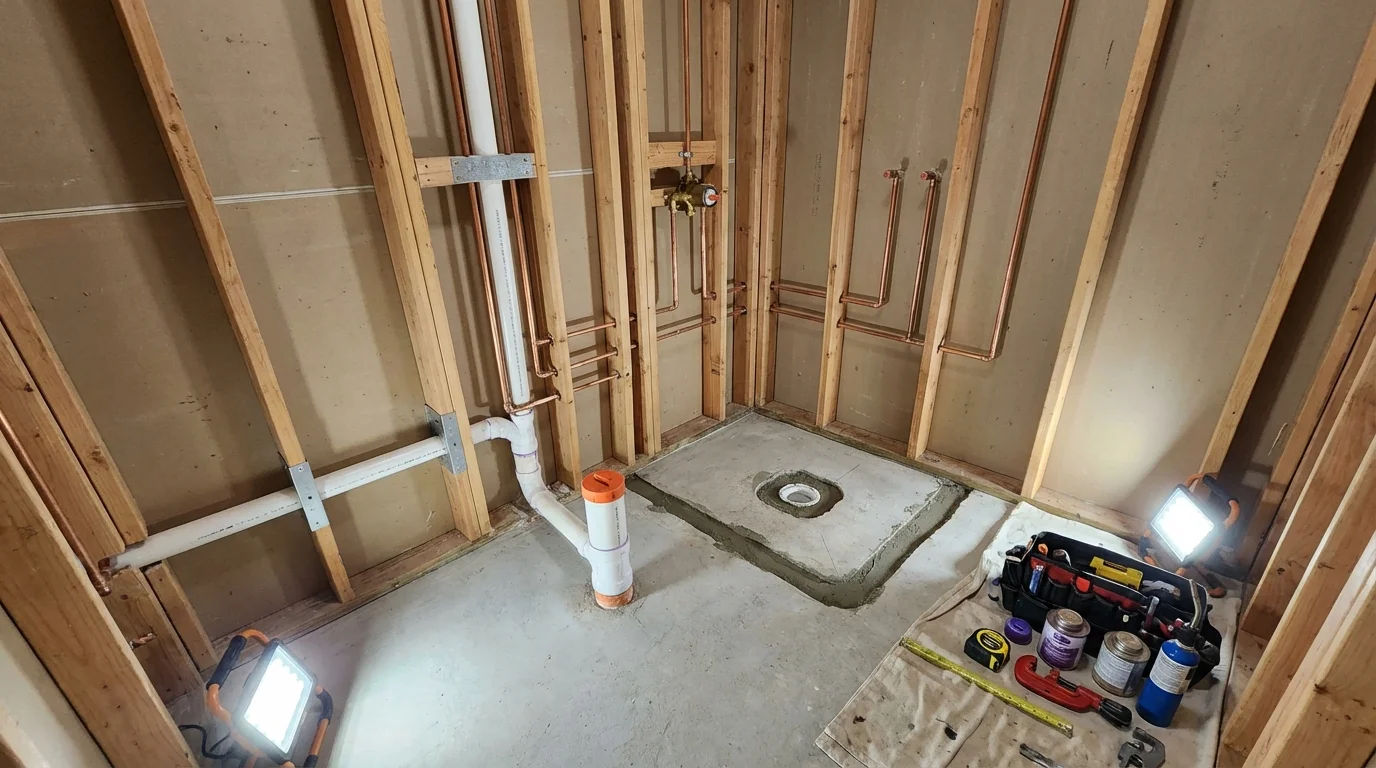 Bathroom rough-in plumbing during remodel by Johns Plumbing LLC in Eads