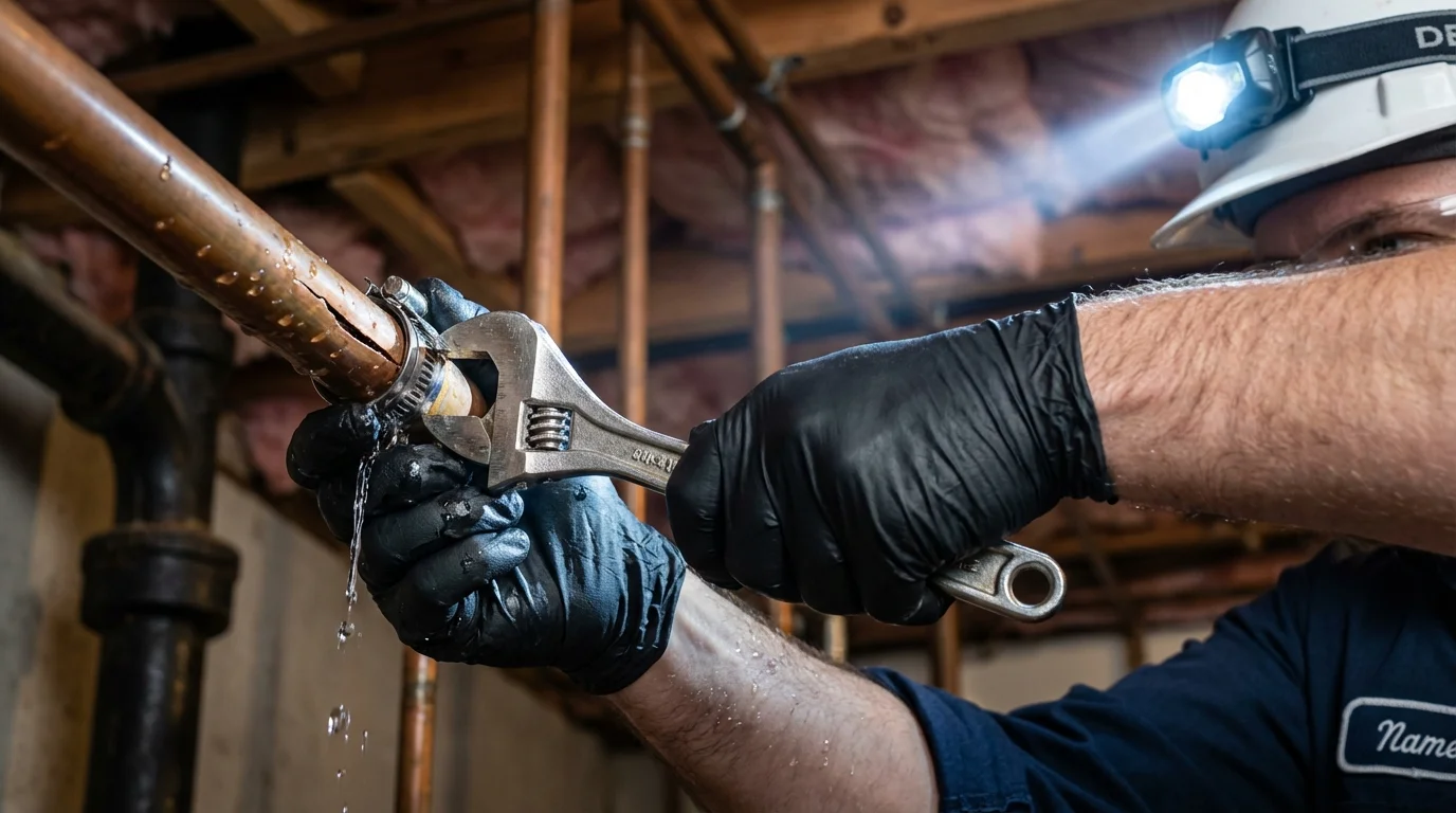 Emergency pipe clamp repair being performed by a Johns Plumbing LLC plumber in Eads