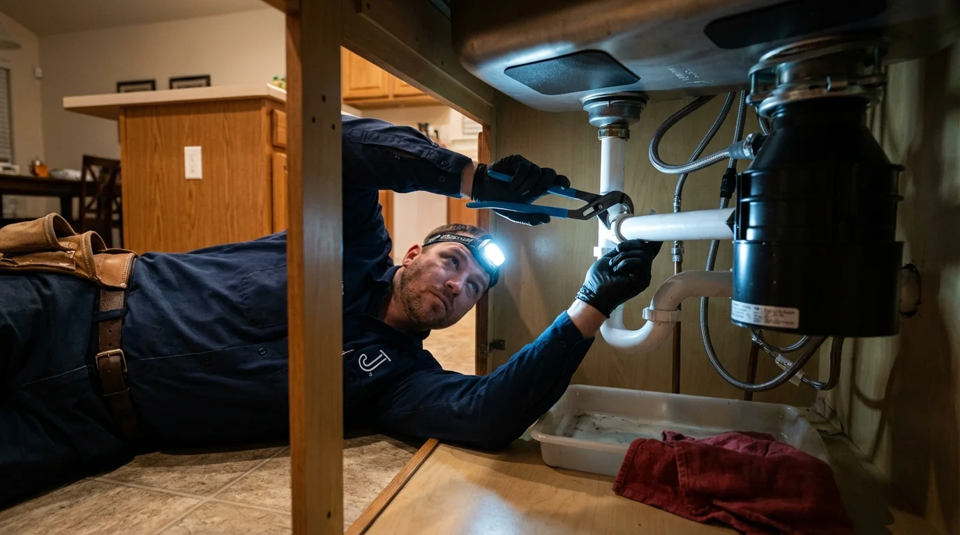 P-trap and supply line connections under a kitchen sink showing a common leak point in Eads, CO